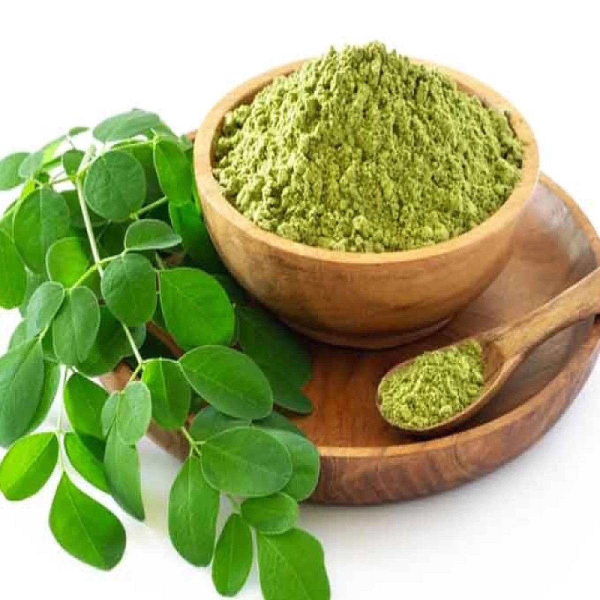 Premium quality sōjina guṛā or moringa powder with a wooden spoon showing texture
